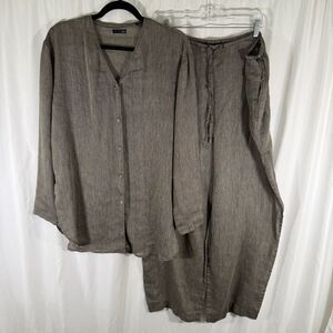 BASCO Blouse & Pant Set Womens Large Green Linen Blend Knit Long Sleeve Swim Cov